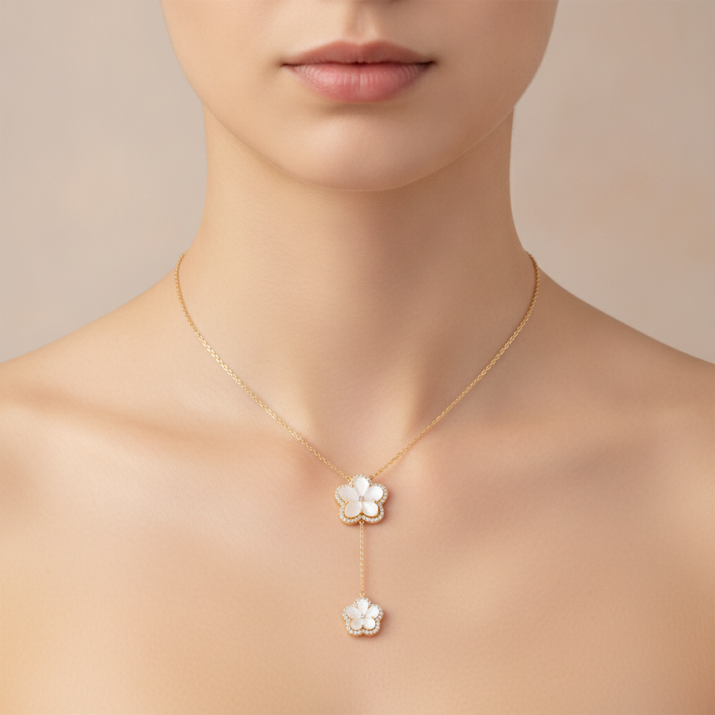 NFH71835PL. 14K Solid Gold Diamond and Mother of Pearl Flower Necklace
