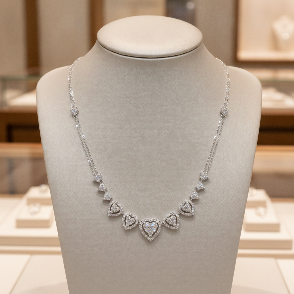 NK113052. 14K Solid White Gold Diamond Hearts Necklace
