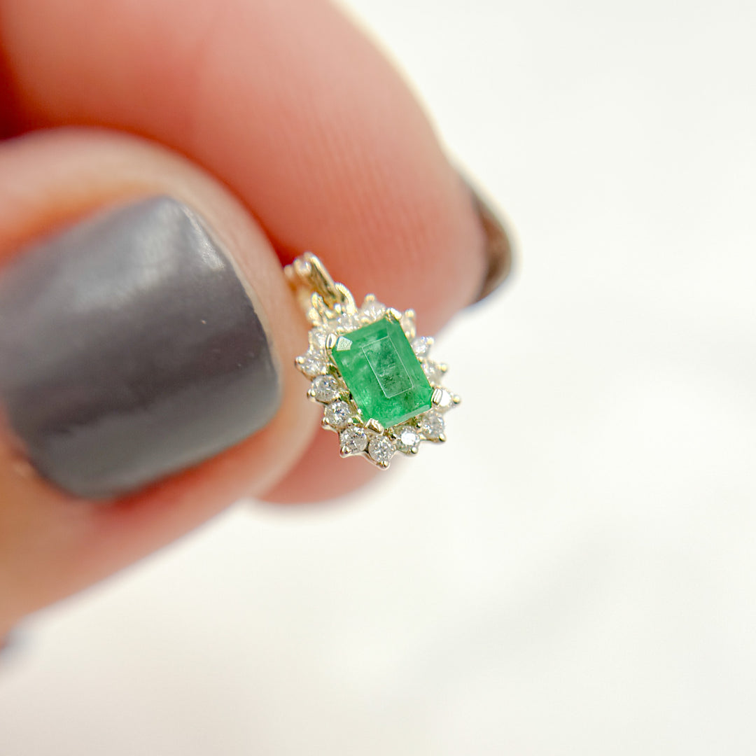 14K Solid Gold Diamond and Emerald Rectangle Charm. PN113006Y14EM1