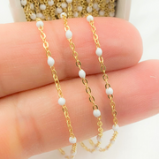 14K Solid Yellow Gold Enamel White Color Cable Chain