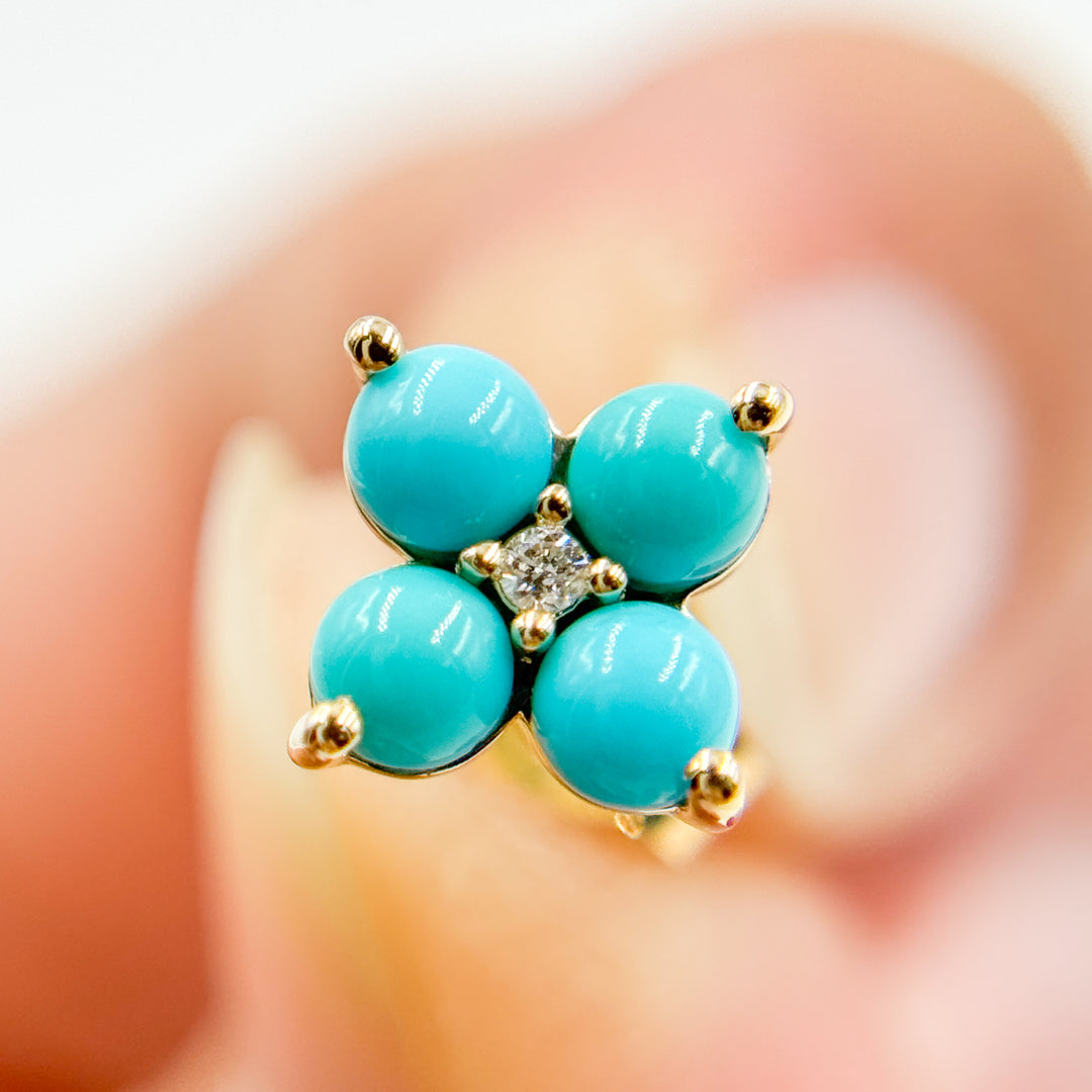 EFA53608TQ. 14K Solid Yellow Gold Diamond and Turquoise Flower Stud Earring