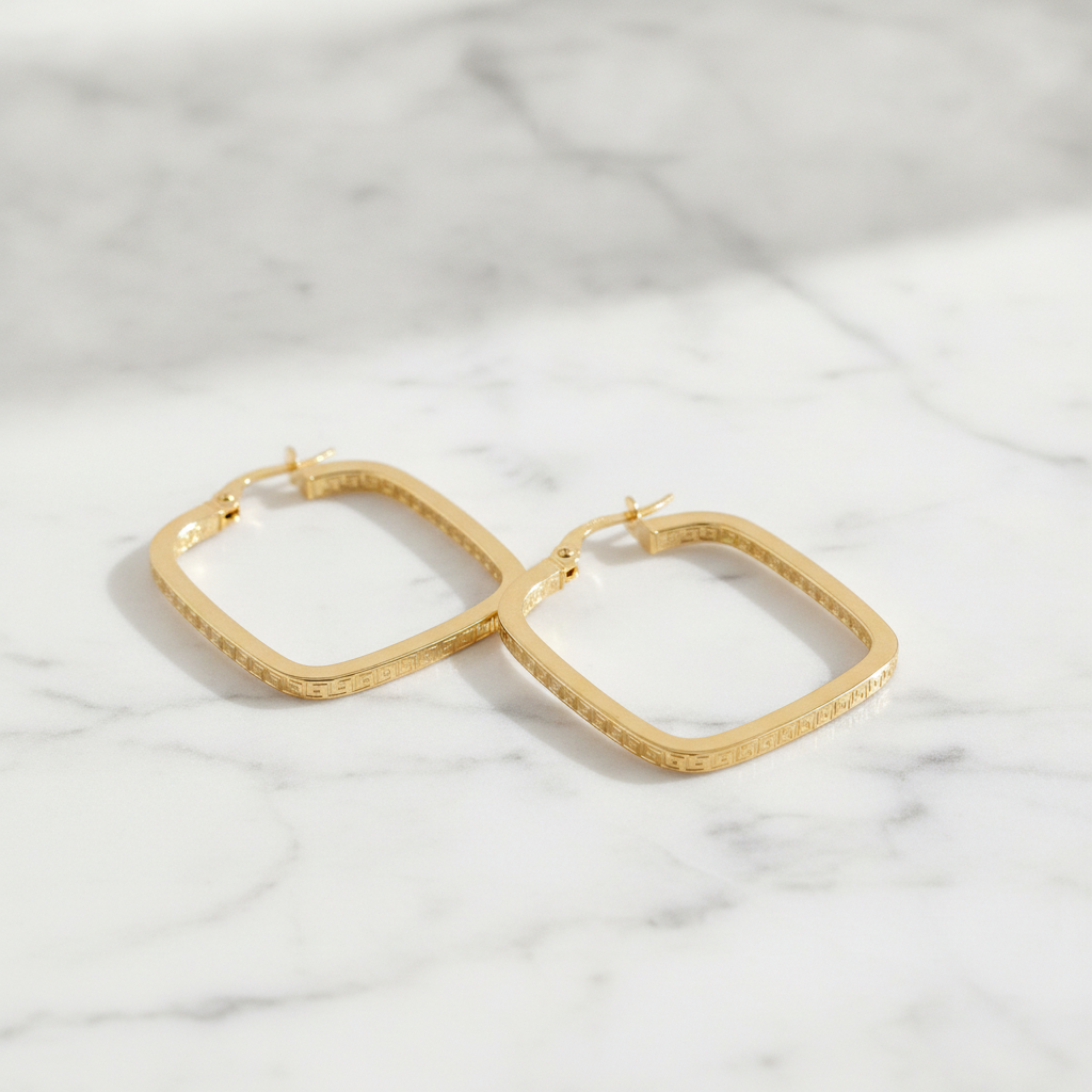15850000415. 14K Solid Gold Textured Square Hollow Hoop Earrings