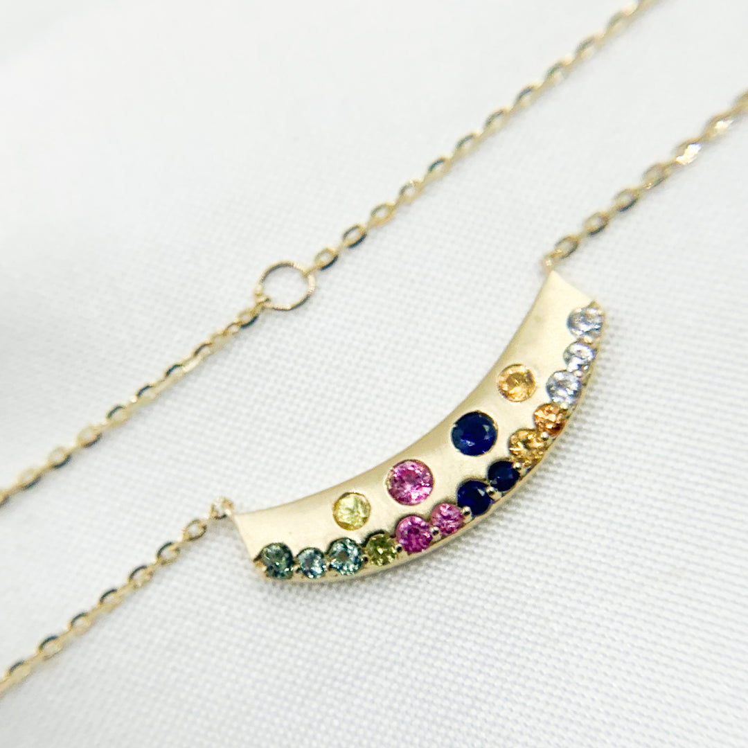 14K Solid Gold Diamond and Multi Sapphire Bar Necklace. NT405721