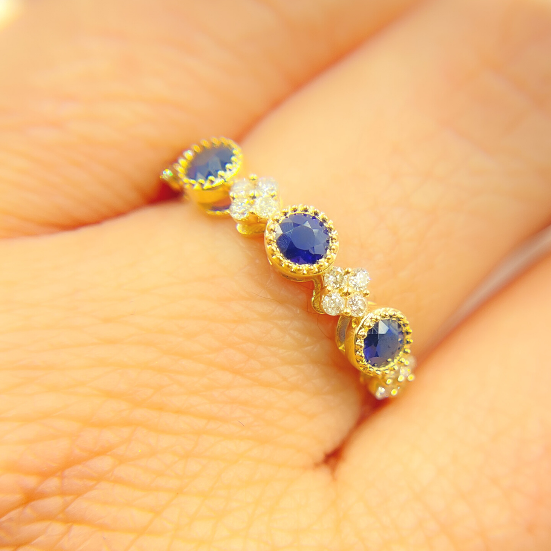 14K Solid Yellow Gold Diamond and Blue Sapphire Ring. RAC01373BS