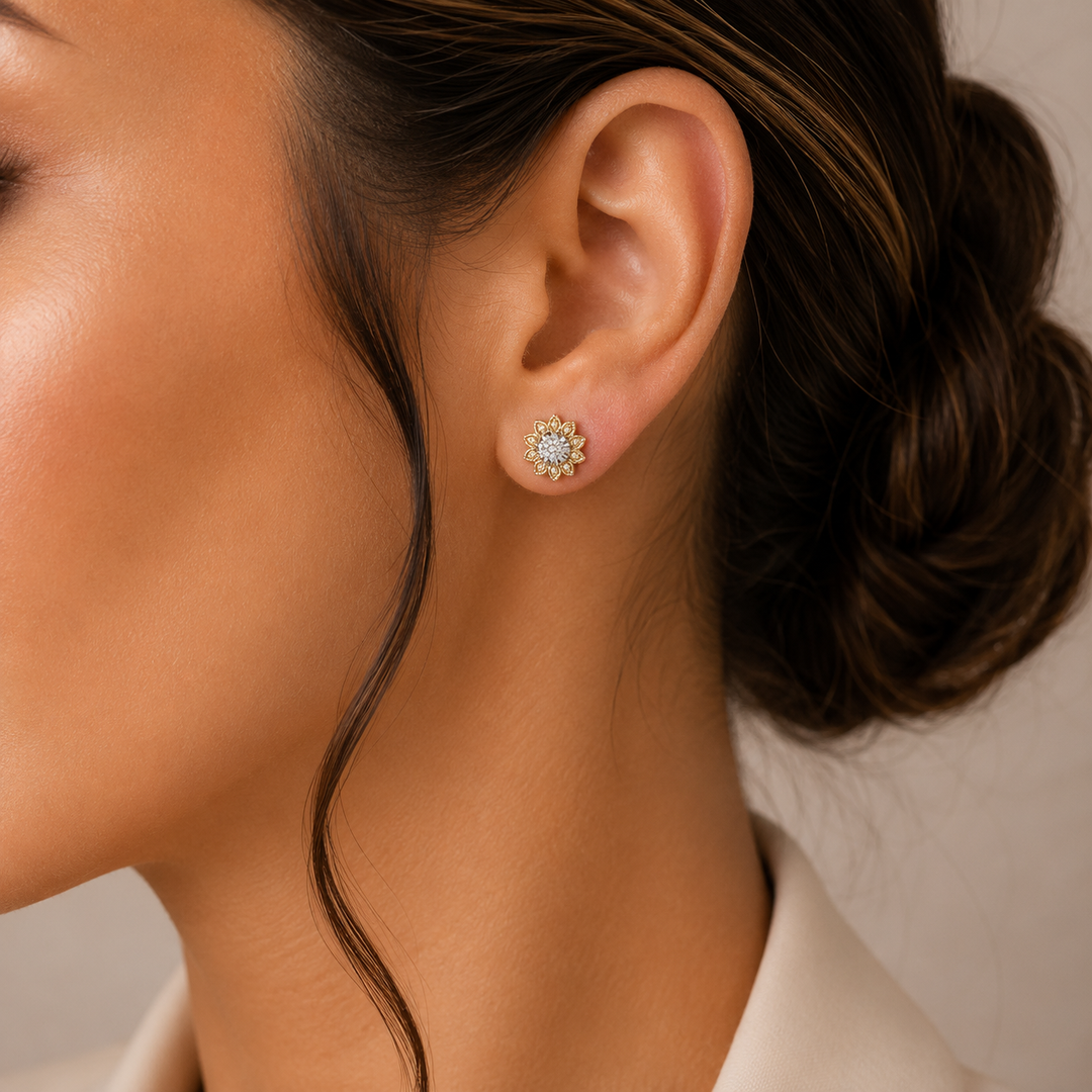 EFB51035. 14K Solid Gold and Diamonds Flower Earrings