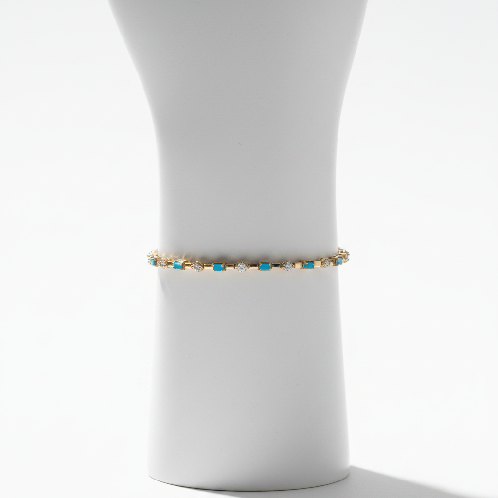 BFH60606TQ. 14K Solid Gold Diamond and Turquoise Fancy Bracelet