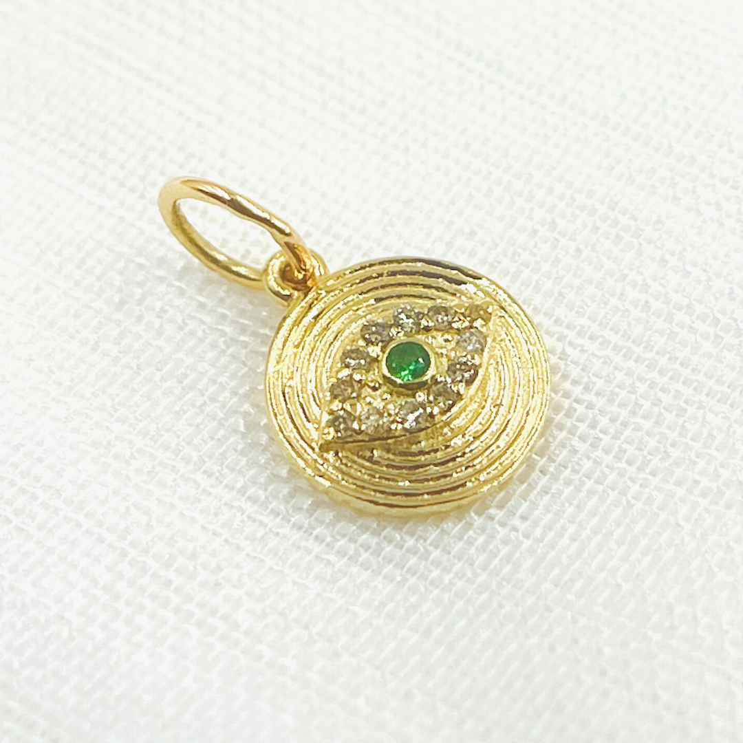 14K Solid Gold Diamond Evil Eye Circle Charm. Available in (Blue Sapphire & Emerald). GDP460