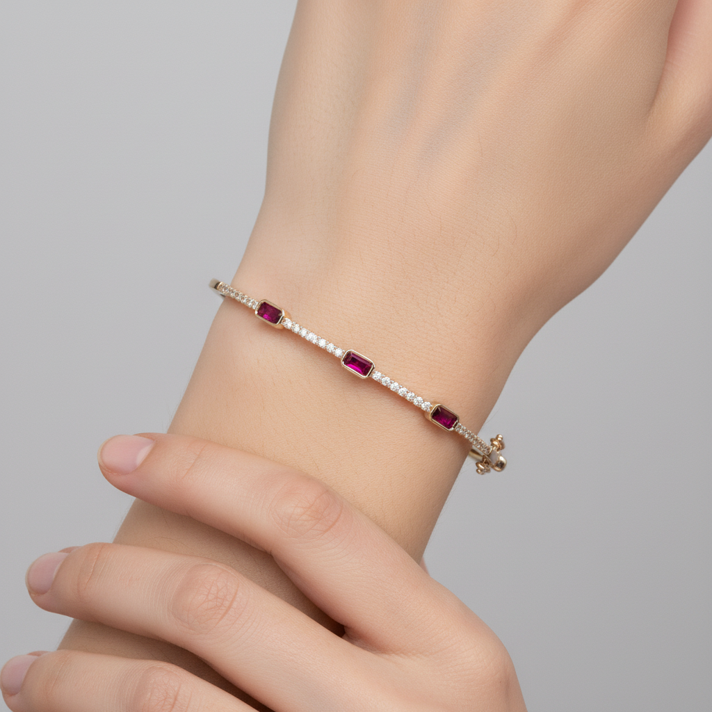 BNG68670RU. 14K Solid Gold Diamond and Ruby Bangle