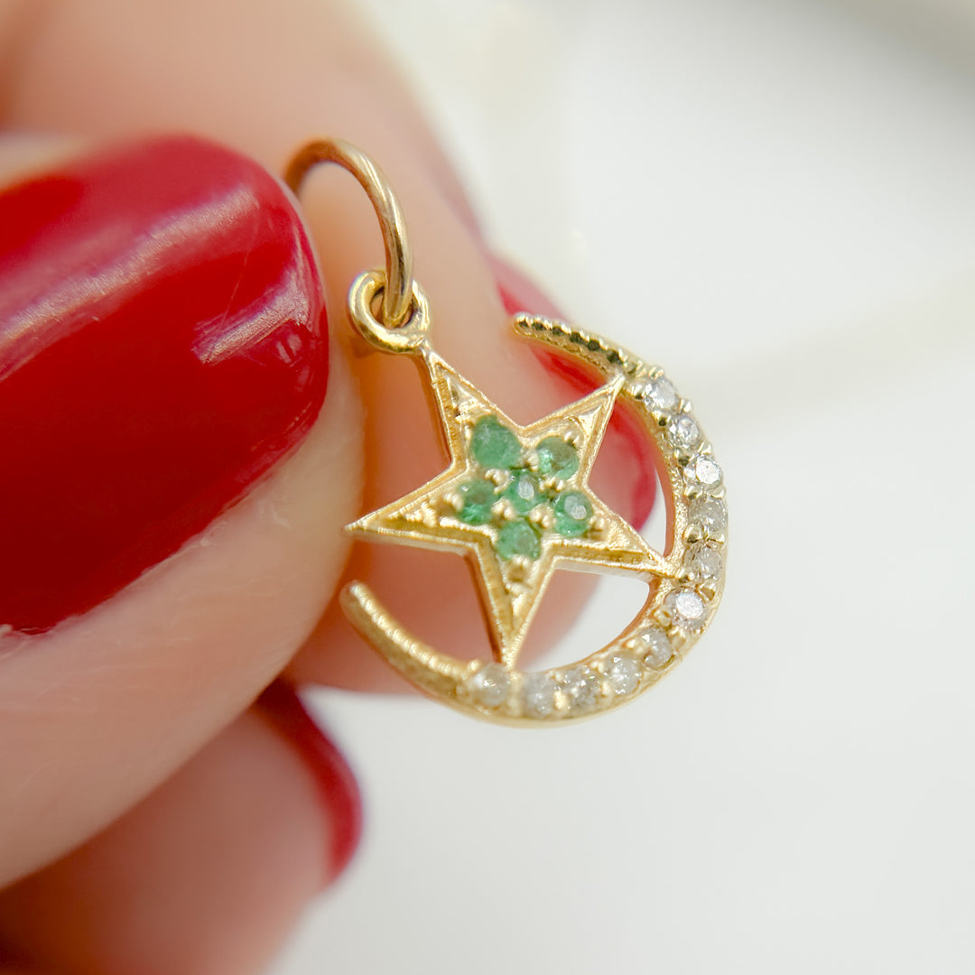 14k Solid Gold Diamond and Gemstone Moon and Star Charm. GDP403