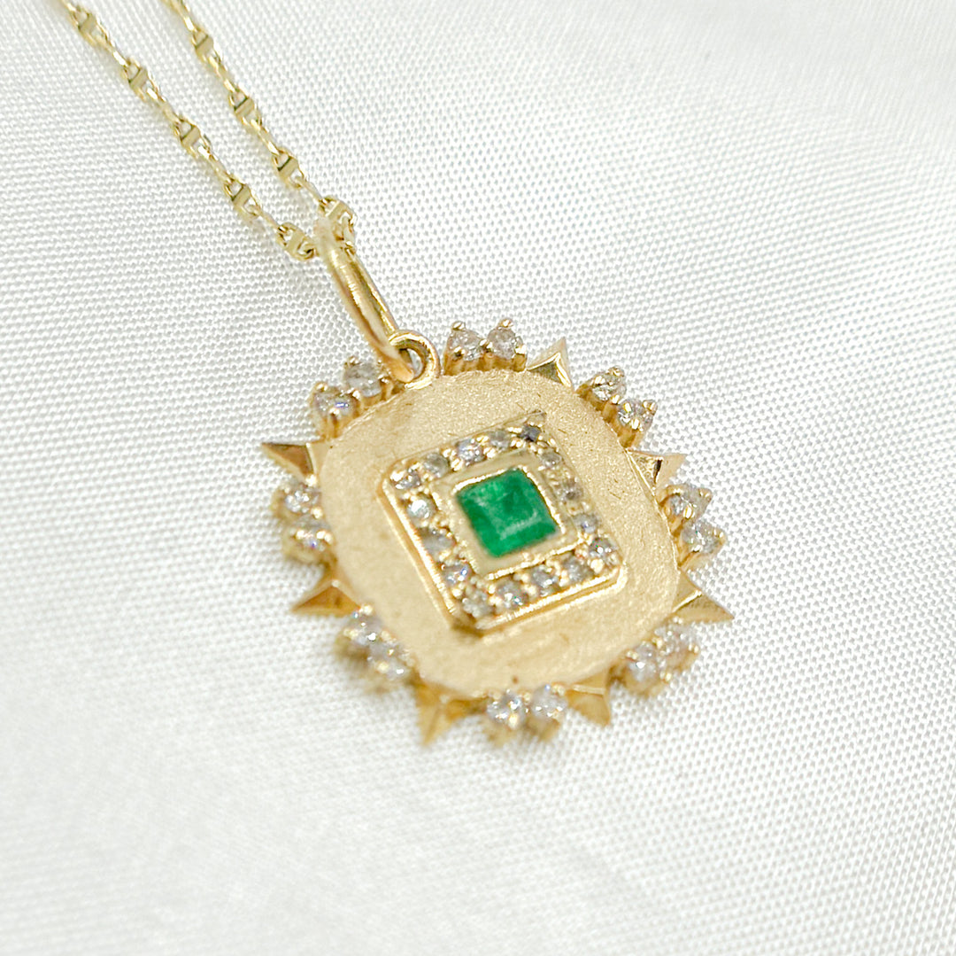 14k Solid Gold Diamond and Emerald Square Charm. GDP656