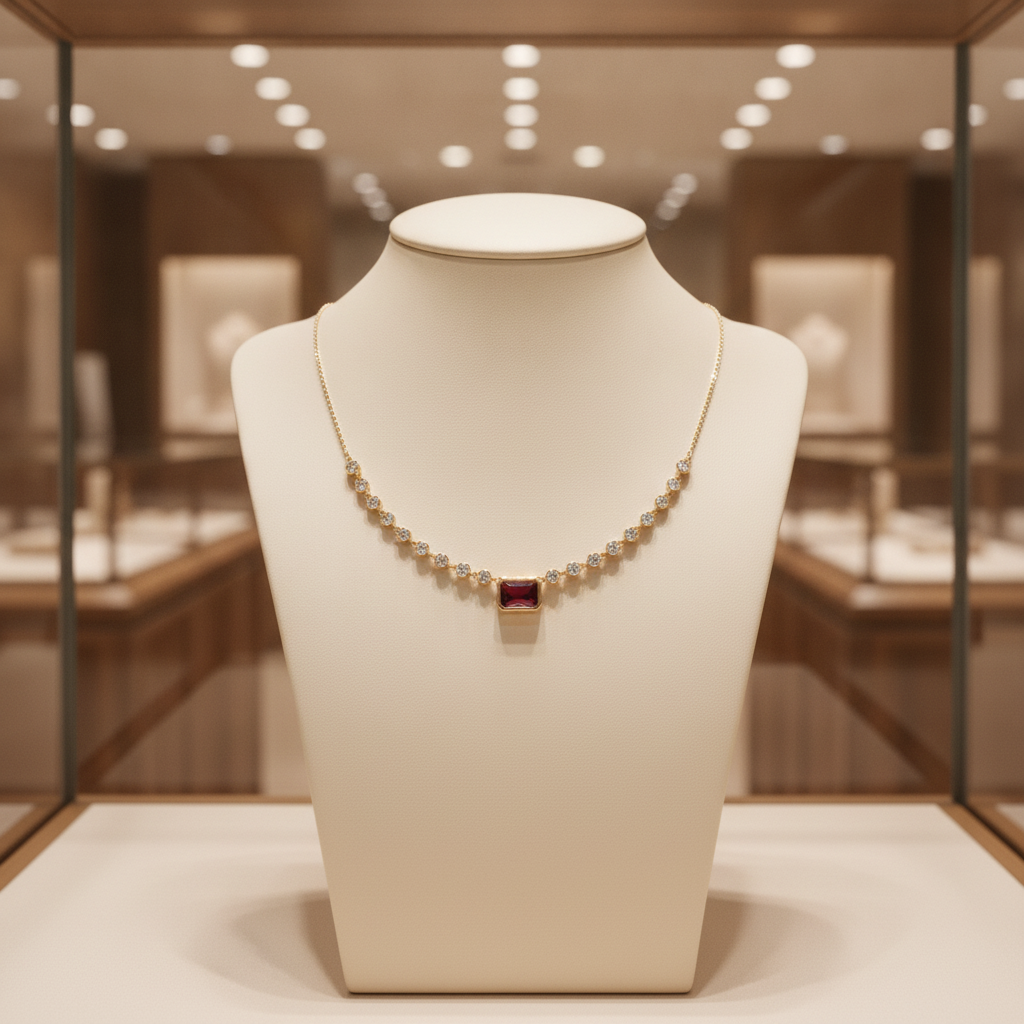 CN97270RU7X5. 14K Solid Gold Diamond & Ruby Petite Rectangle Necklace