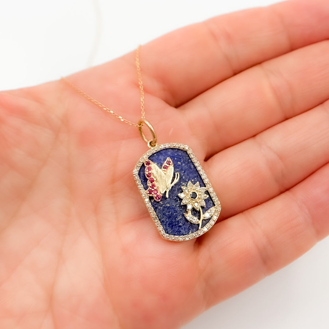 14K Gold Plaque Butterfly and Flower Pendant