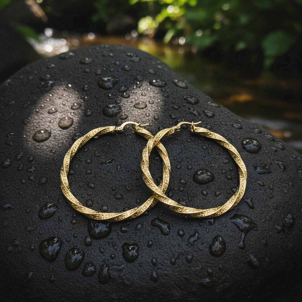 GER181. 14K Solid Gold Twisted Hollow Hoop with Engraved