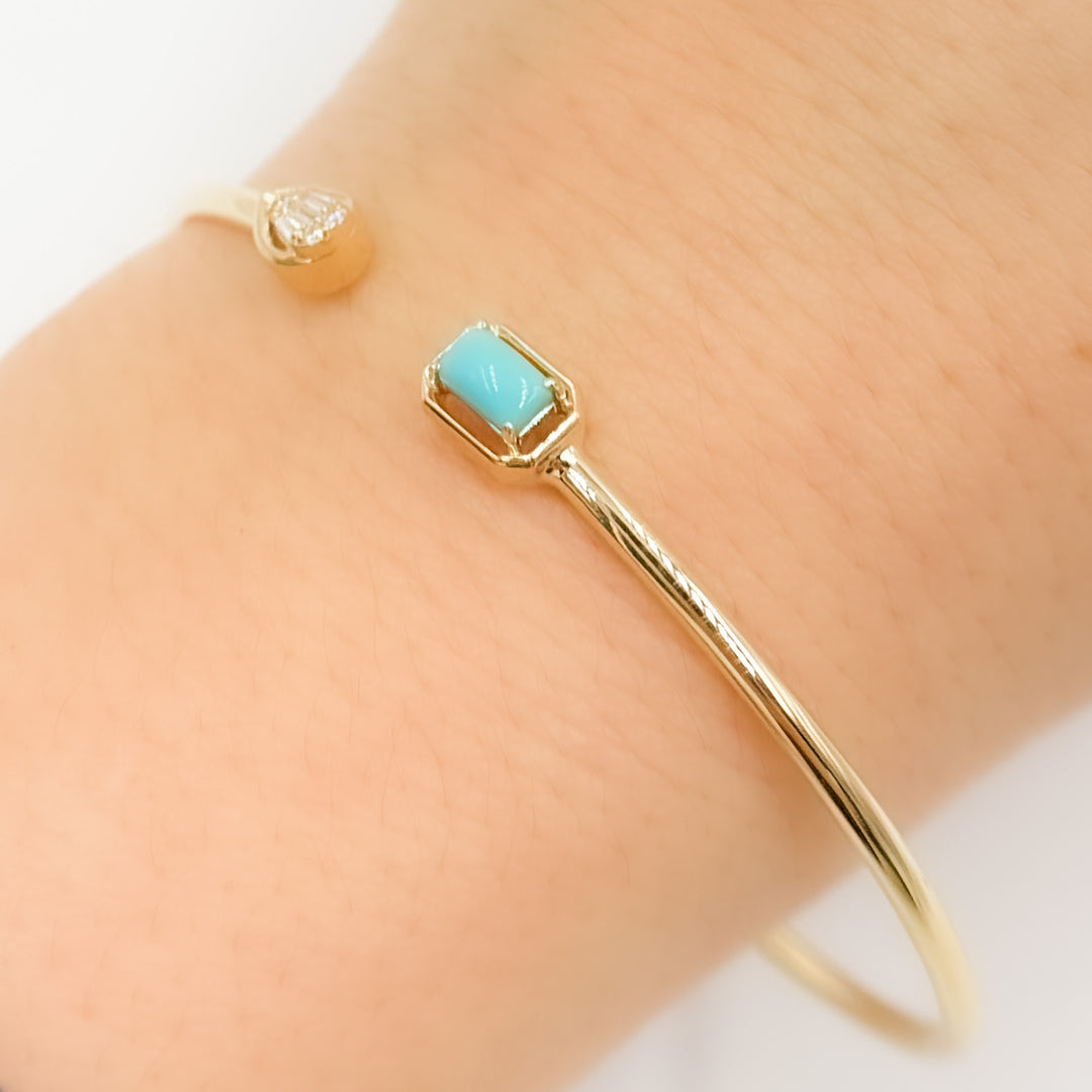 BNA68584TQ. 14K Solid Gold Diamond and Turquoise Open Bangle
