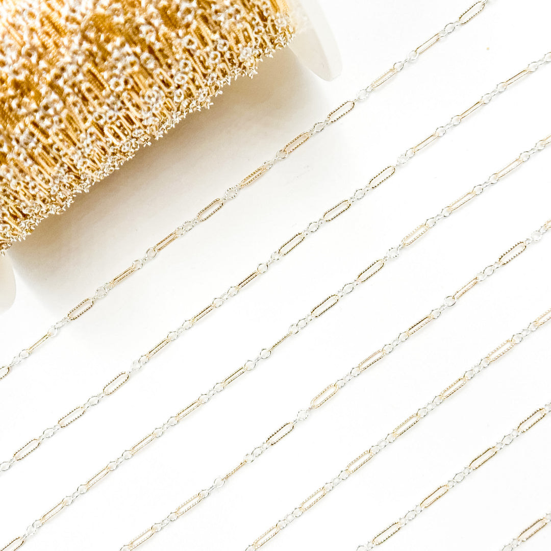 XM/1003K/SP. 14K Gold Filled and Sterling Silver Knurled Link Chain – Long & Short Pattern