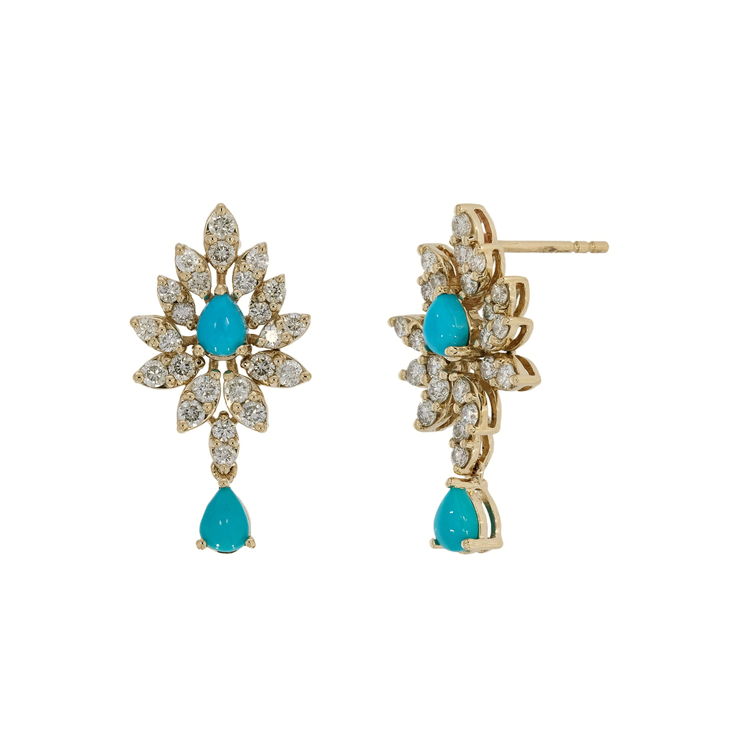 EFJ54190TQ. 14K Solid Gold Turquoise Flower Dangle Earrings