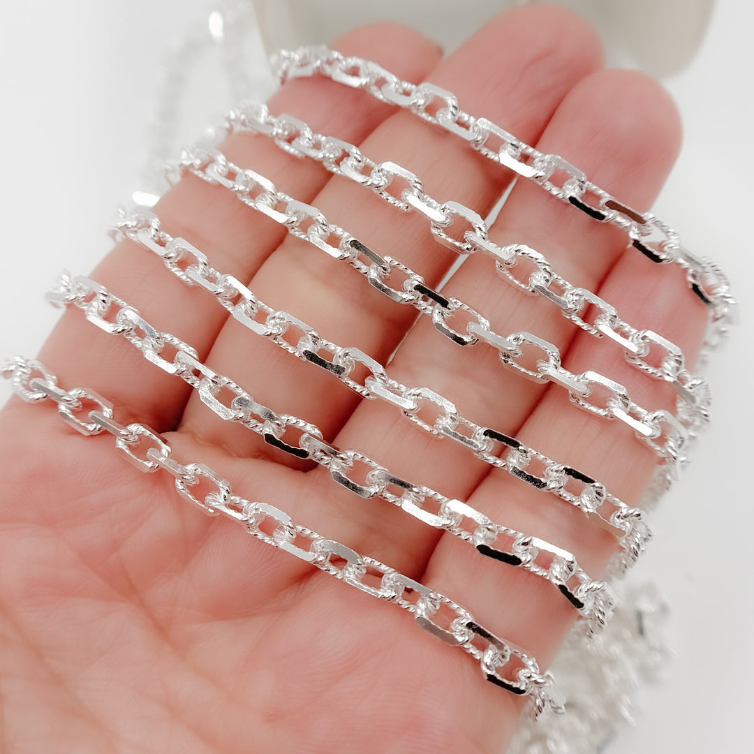 V33SS. Sterling Silver Twisted & Diamond Cut Rectangle Chain