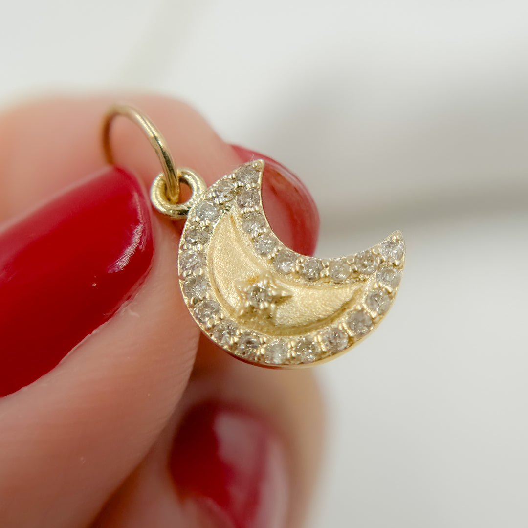 14k Solid Gold Diamond Moon and Star Charm. GDP284