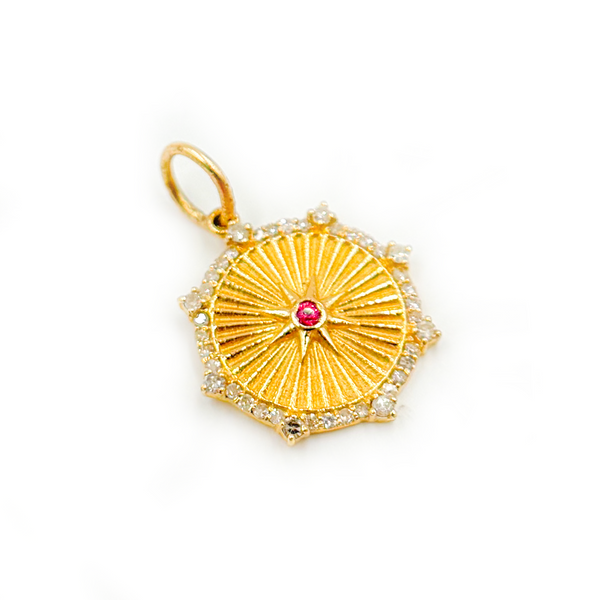 14K Solid Gold Diamond and Ruby Circle Star Charm