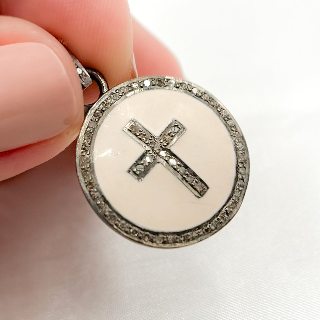 DC548A. Diamond Sterling Silver Round Cross Enamel Pendant