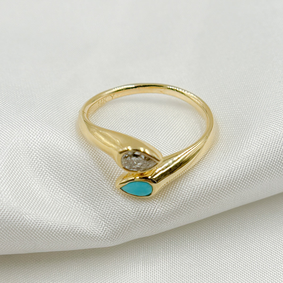 14k Solid Gold Turquoise and Diamond Drops Ring
