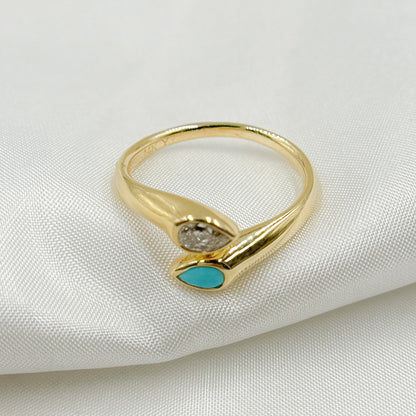 14k Solid Gold Turquoise and Diamond Drops Ring