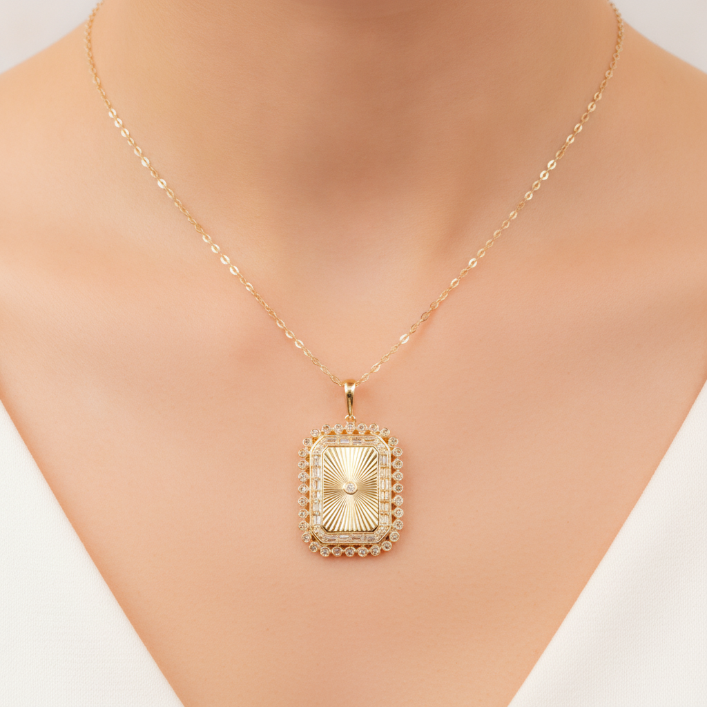 PFH33152. 14K Solid Gold Diamond Rectangle Necklace