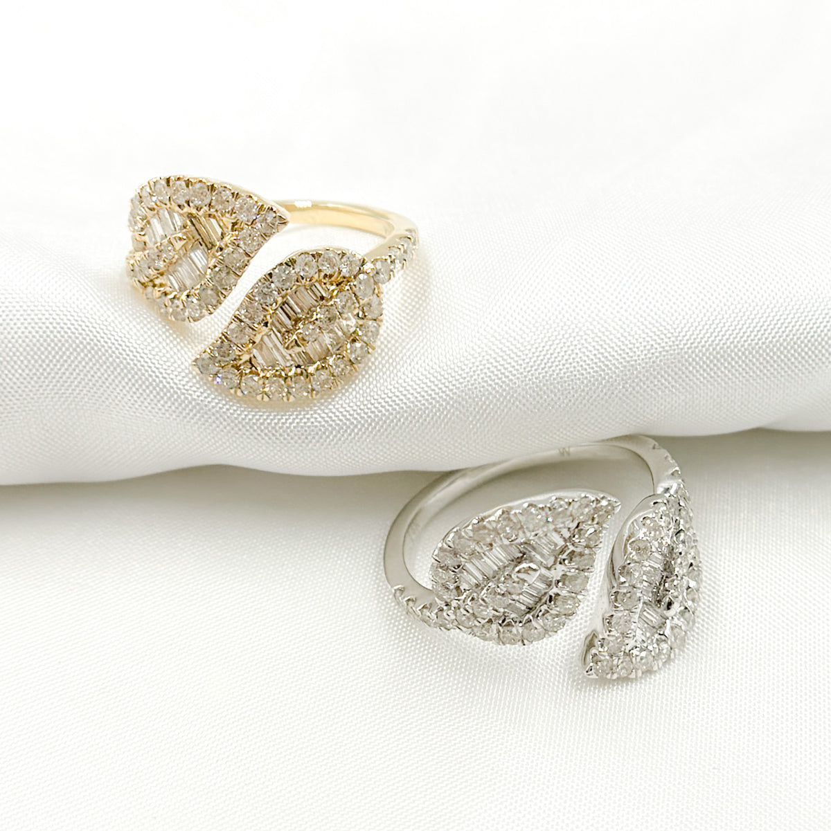 14K Solid Gold Diamond Open Leaf Ring.