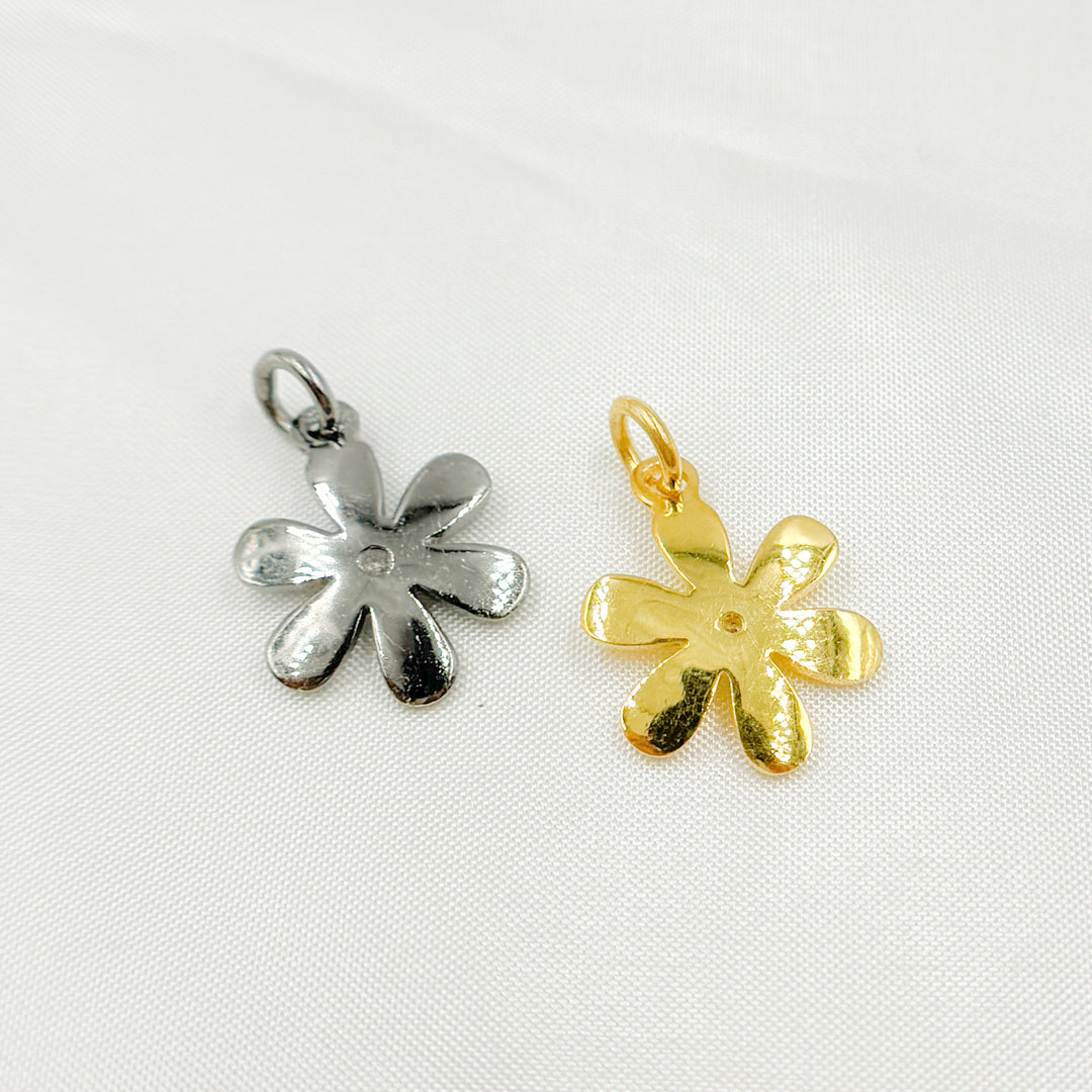 DC942. Back Side Diamond & 925 Sterling Silver Black Rhodium and Gold Plated Flower Charm.