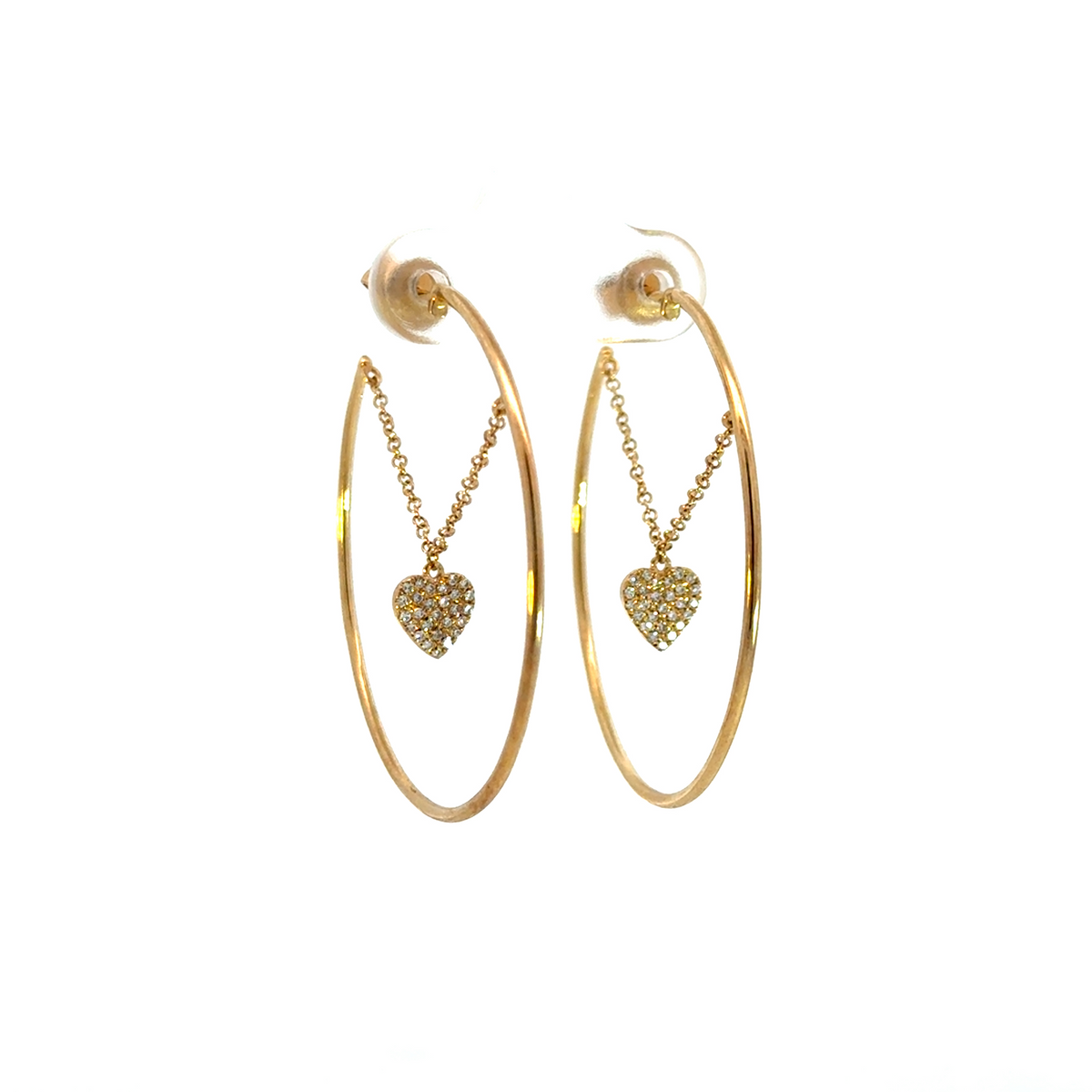 Gold Diamond Heart Dangle Hoops Earrings