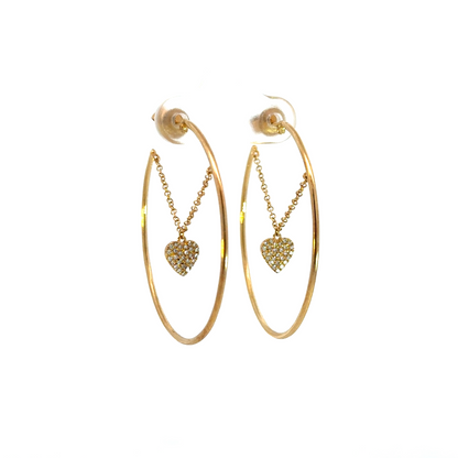Gold Diamond Heart Dangle Hoops Earrings