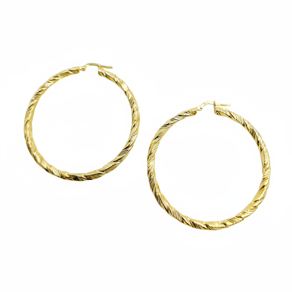 GER54. 14K Solid Gold Twist Round Hollow Hoop Earrings