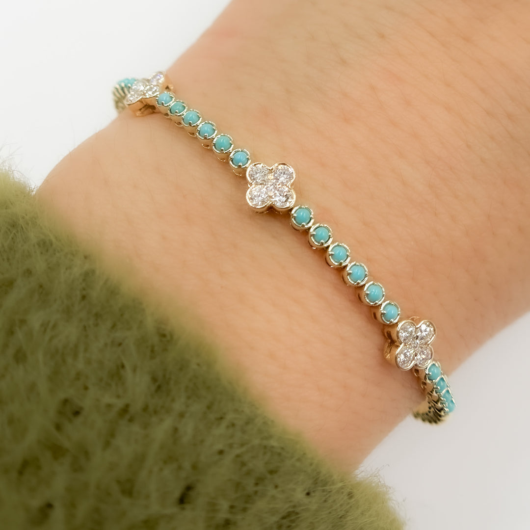 BNH68566TQ. 14K Solid Yellow Gold Diamond and Turquoise Bangle