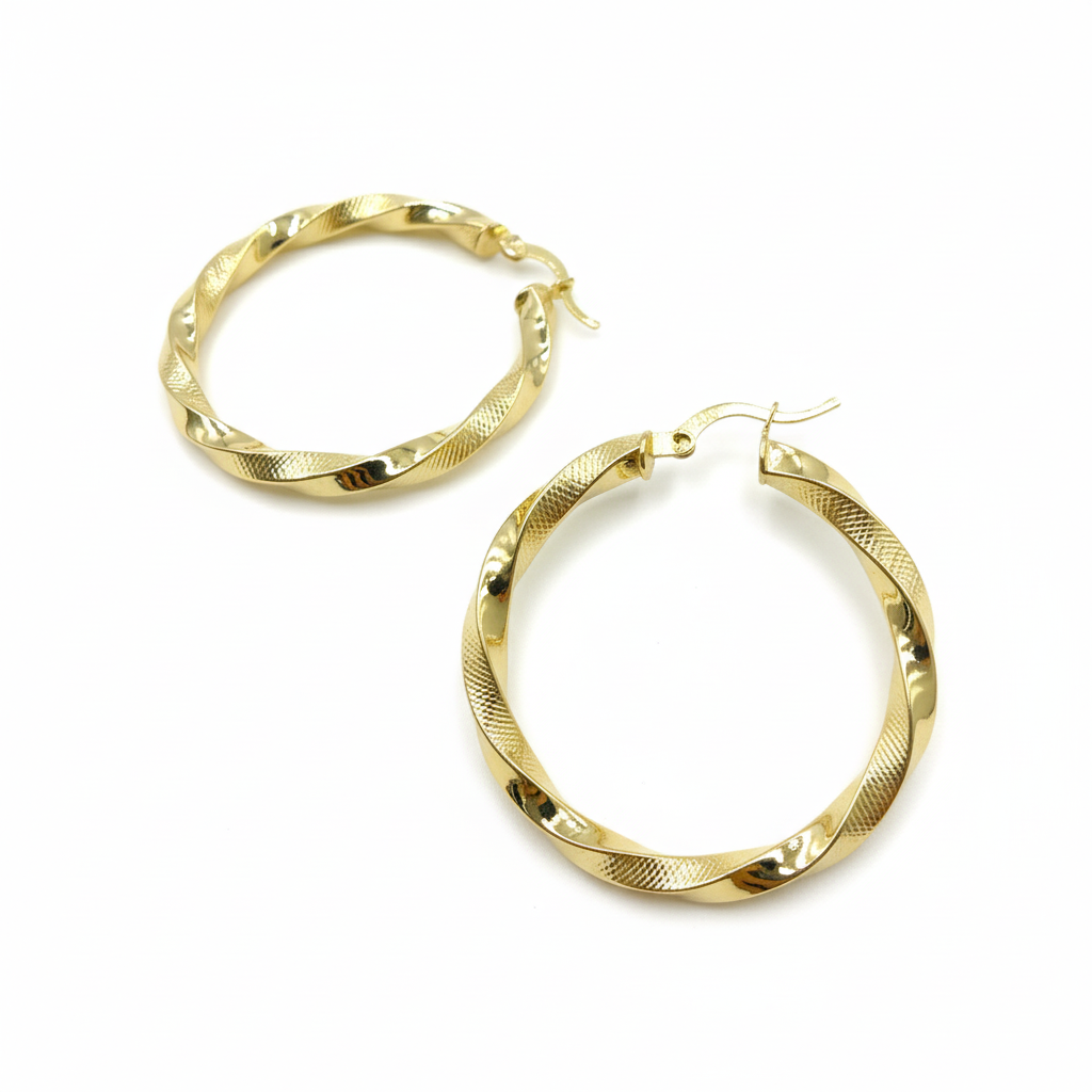 GER129. 14K Solid Gold Twisted Hoop with Texture