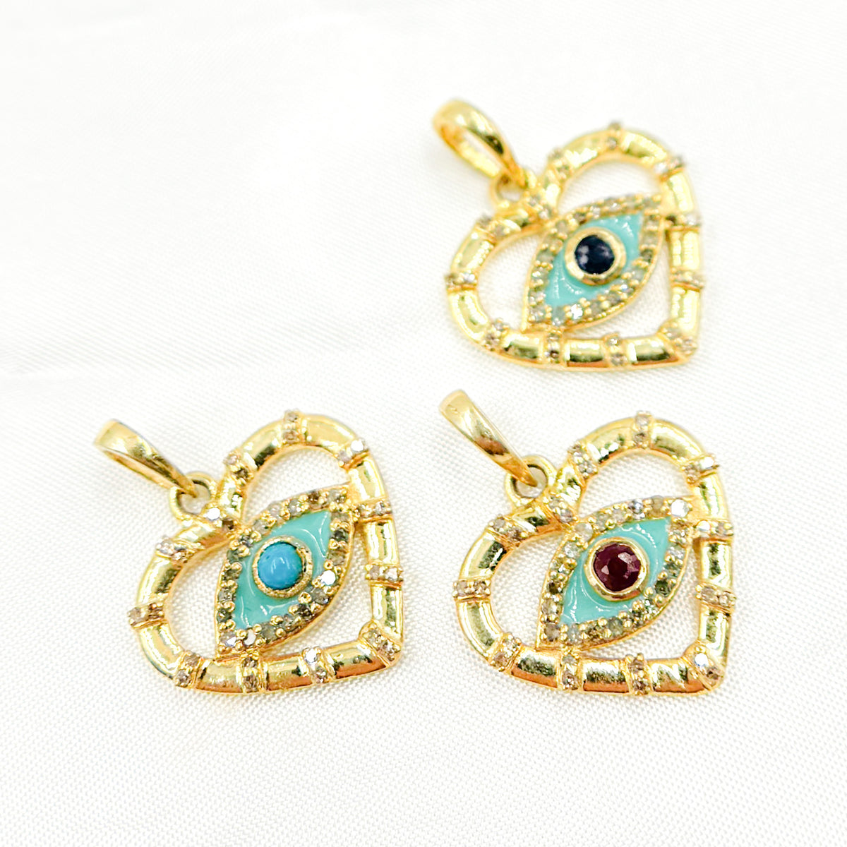 Diamond Sterling Silver Heart Eye Enamel Pendant with Gemstone