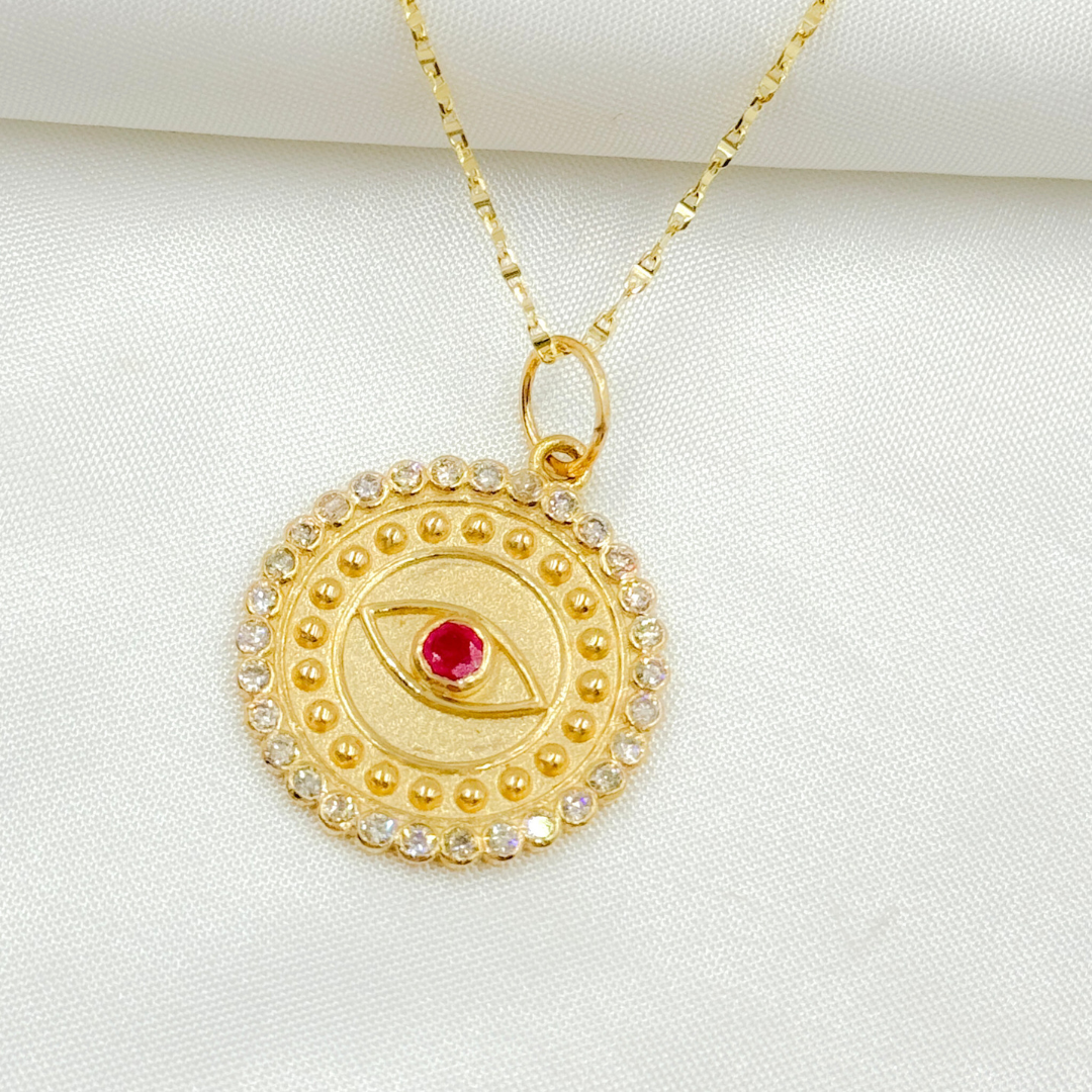 14K Solid Gold Diamond Evil Eye Circle Charm. GDP436