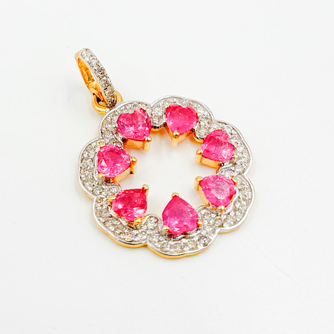 GDP806. 14K Solid Gold Ruby and Diamonds Flower Pendant