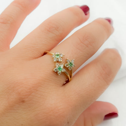 14K Solid Yellow Gold Diamond Open Flower Ring.