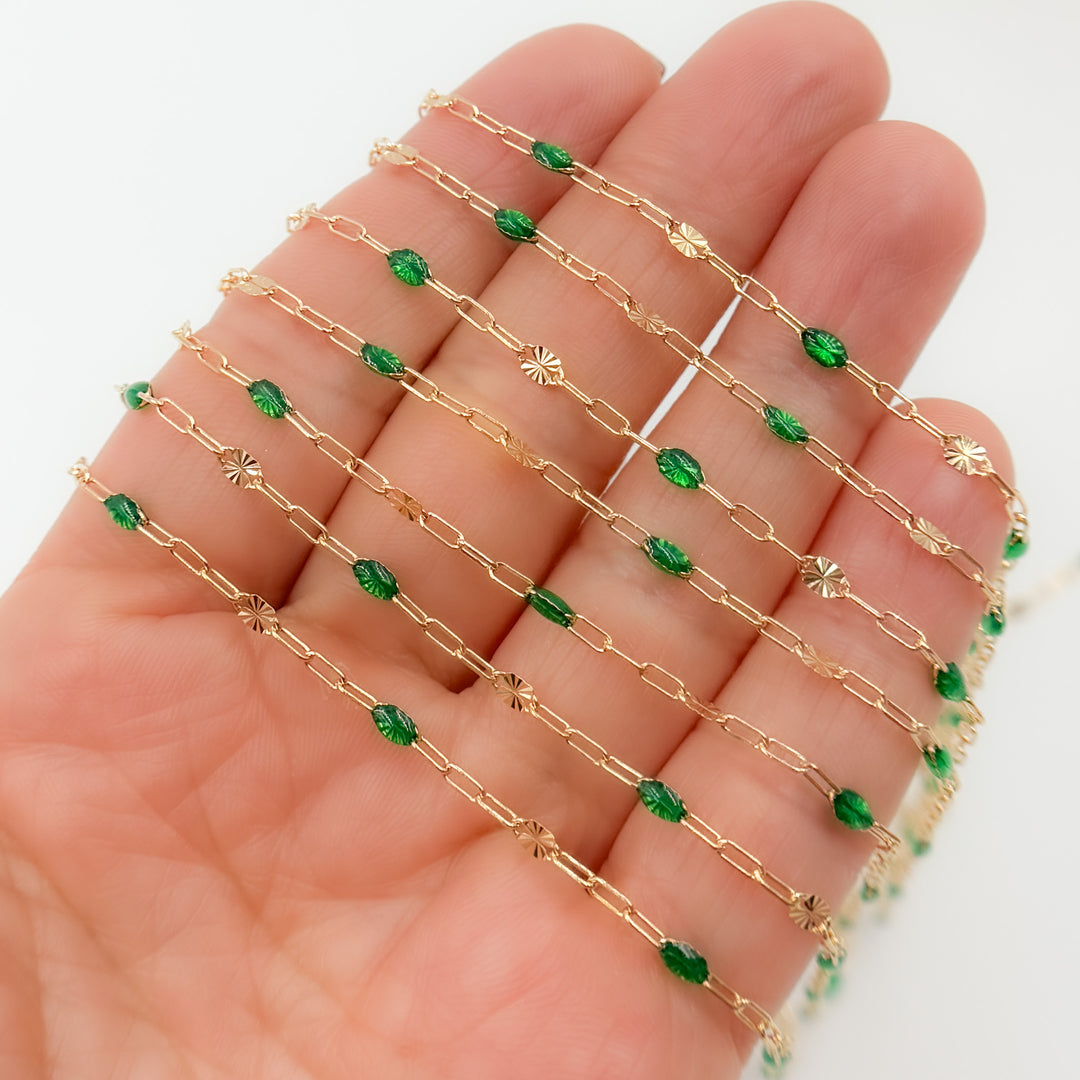 V295GRGF. 14K Gold Filled Green Color Enamel with Paperclip and Diamond Cut Marina Links
