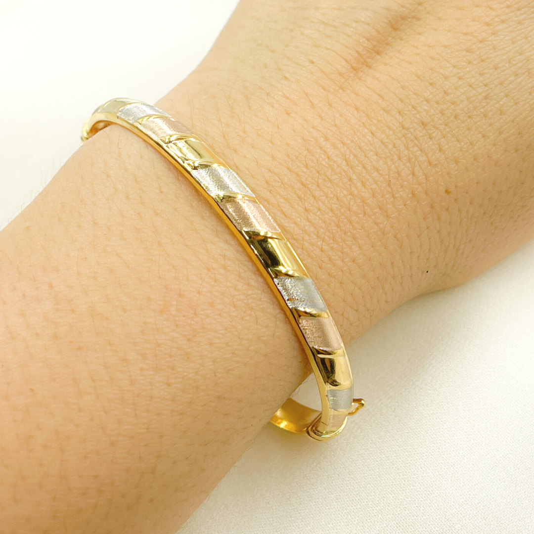 KG118. 14K Solid Gold Tri-Color Matte & Shinny Twisted Bangle