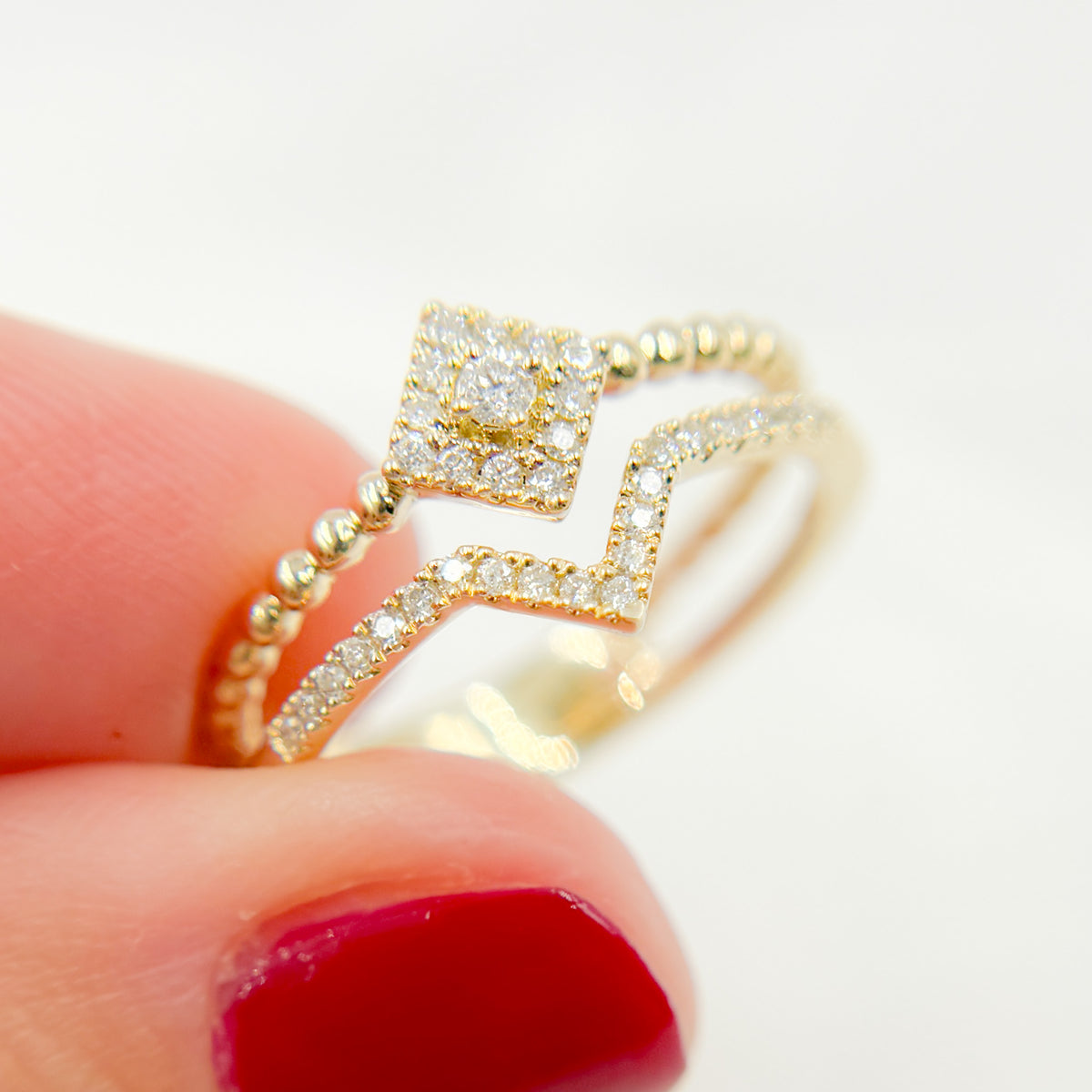 14K Solid Yellow Gold Diamond Double Line Square Ring.