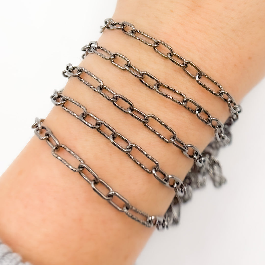 V143BR. Black Rhodium Sterling Silver Smooth and Diamond Cut Paperclip Chain