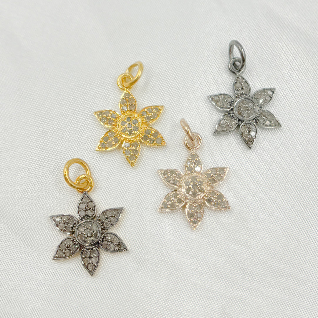 DP191. Pave Diamond & 925 Sterling Silver Black Rhodium, Two Tone (Black Rhodium and Gold Plated), Gold Plated, and Rose Gold Plated Flower Charm.