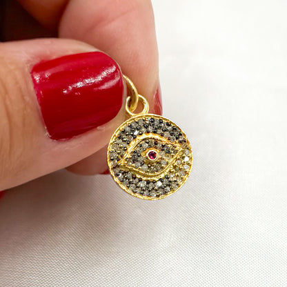 Diamond Sterling Silver Round Eye Charm with Gemstone