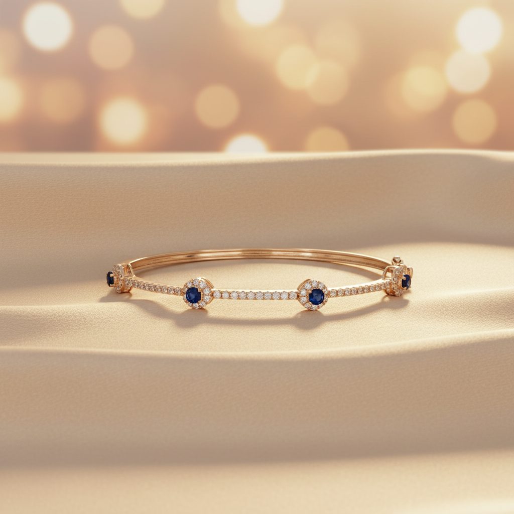 BNJ68672BS. 14K Solid Gold Diamond & Blue Sapphire Bangle