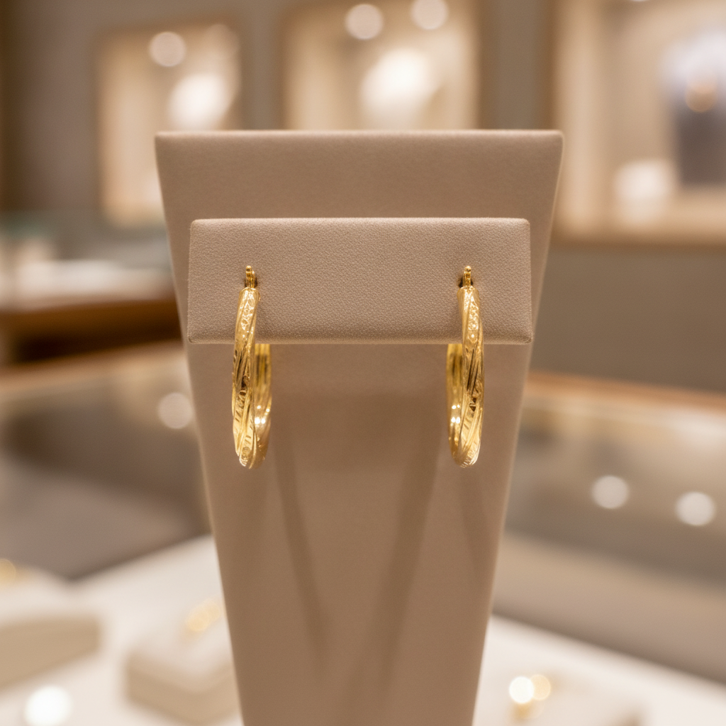 GER69. 14K Gold Hollow Hoop Earrings with Engraved Tornado Design