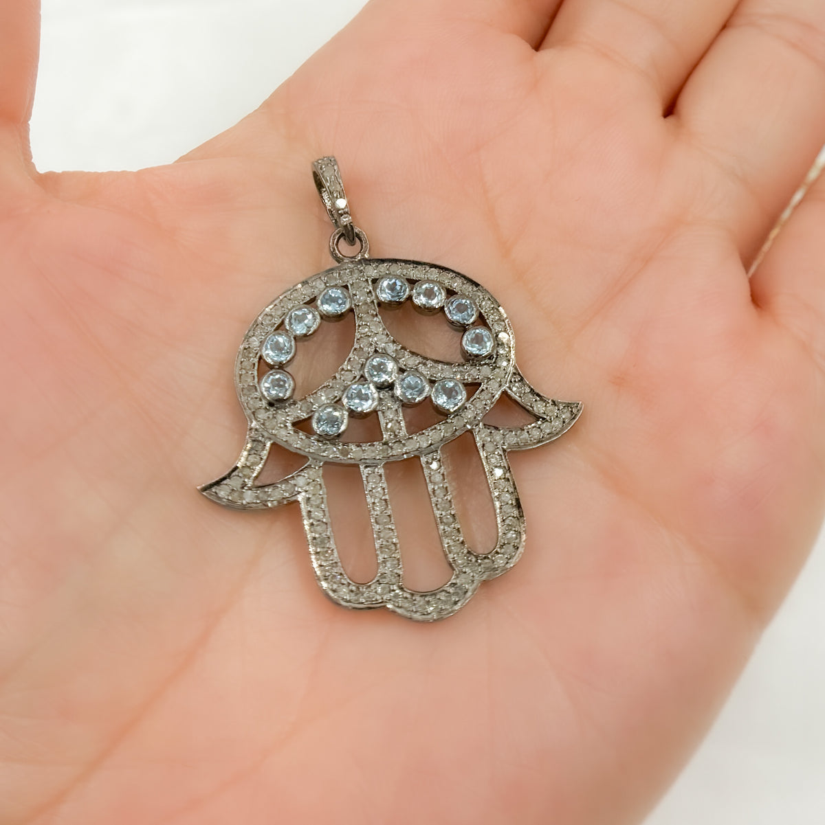 DP2005. Diamond Sterling Silver Hamsa Pendant with Gemstone