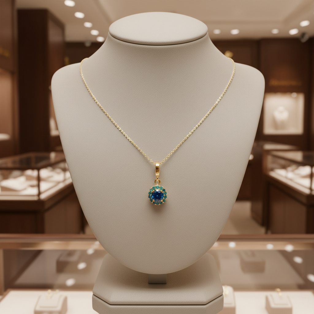 CMF00358B. 14K Solid Gold Blue Natural Diamond Round Charm