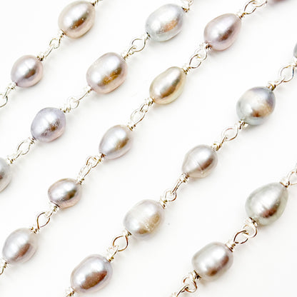 Grey Pearl Oval Shape Sterling Silver Wire Chain