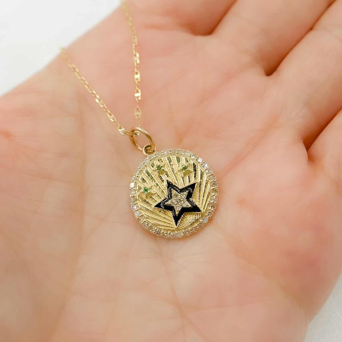 KG235. 14k Solid Gold Diamond Enamel and Gemstone Star Charm